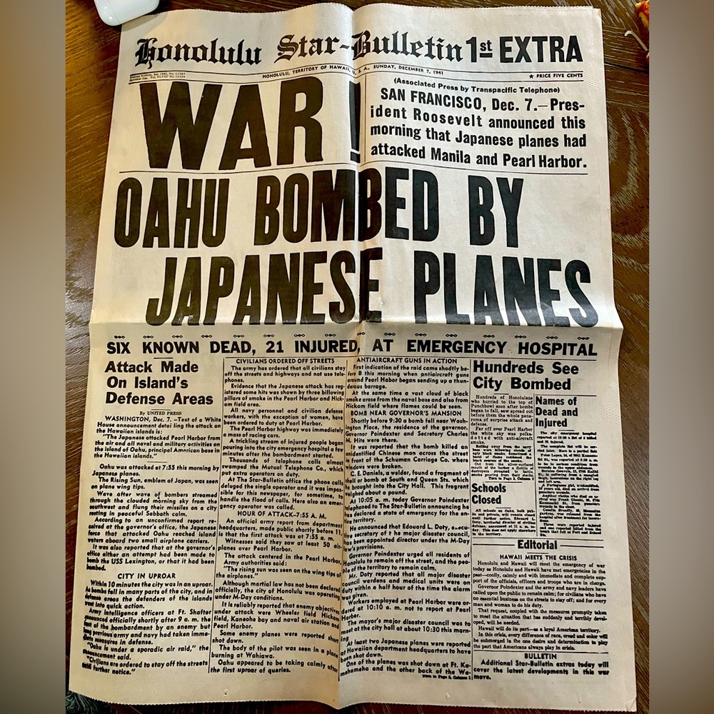 Vintage Pearl Harbor Honolulu Star Reproduction/Reprint Newspaper